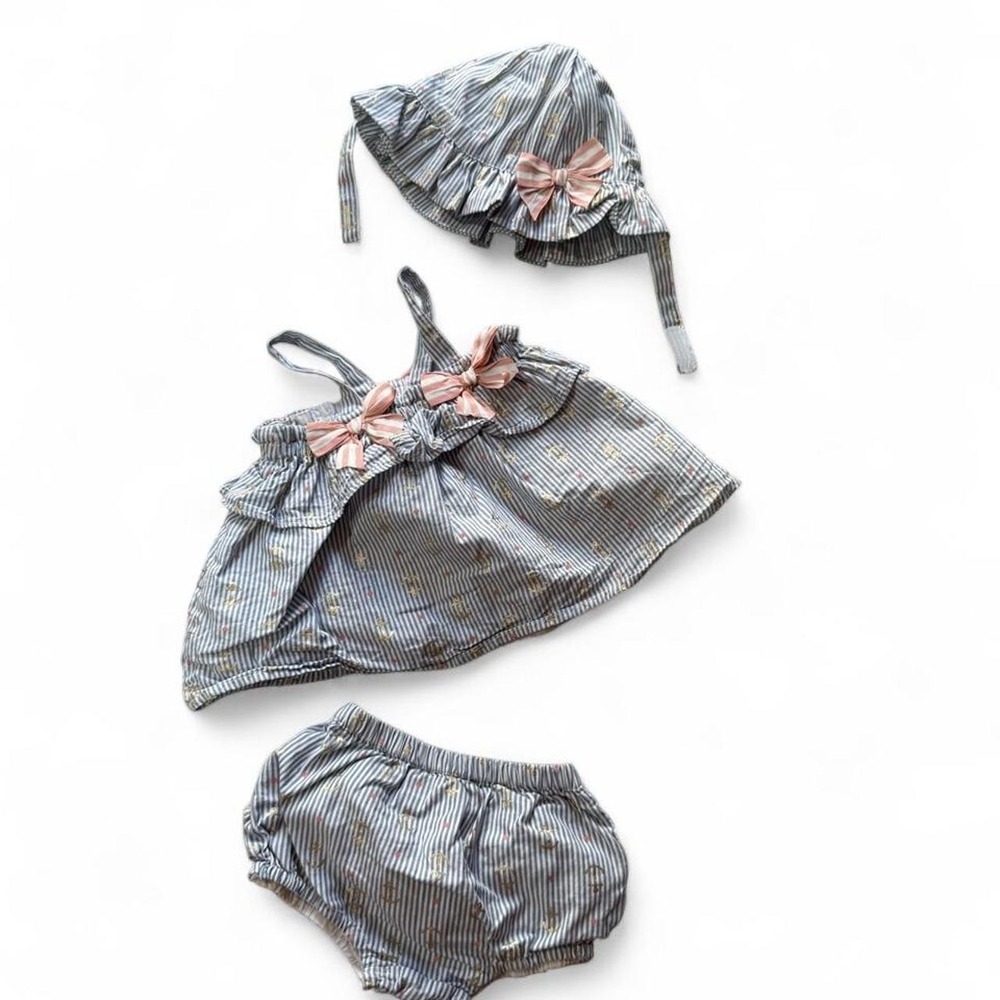 Tommy Bahama Baby Girl 3 Piece Outfit 0-3M Striped Top Bloomers Bonnet Bows